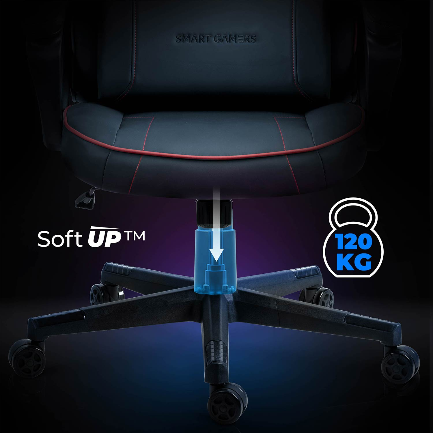 Czarna podstawa fotela gamingowego z kółkami, udźwig 120 kg.