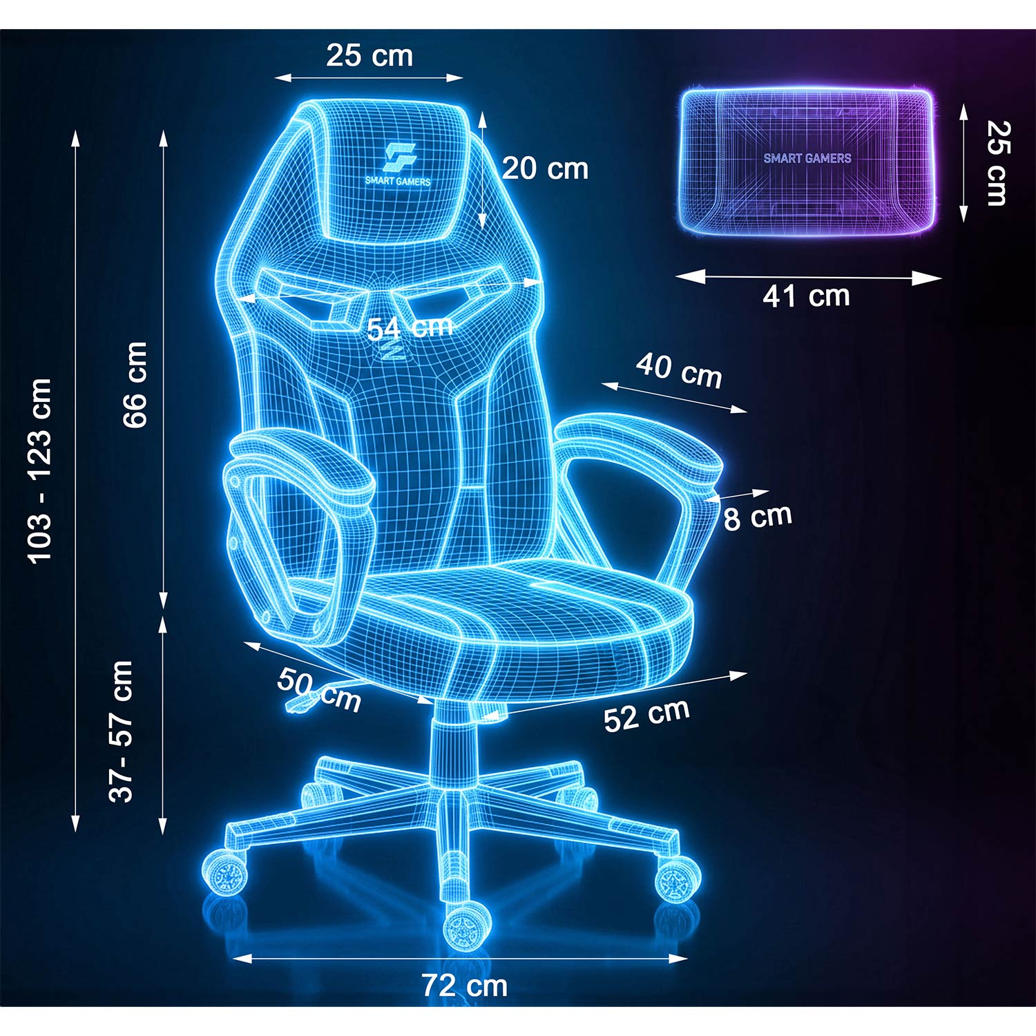 Niebieski rysunek siatki krzesła gamingowego z wymiarami.