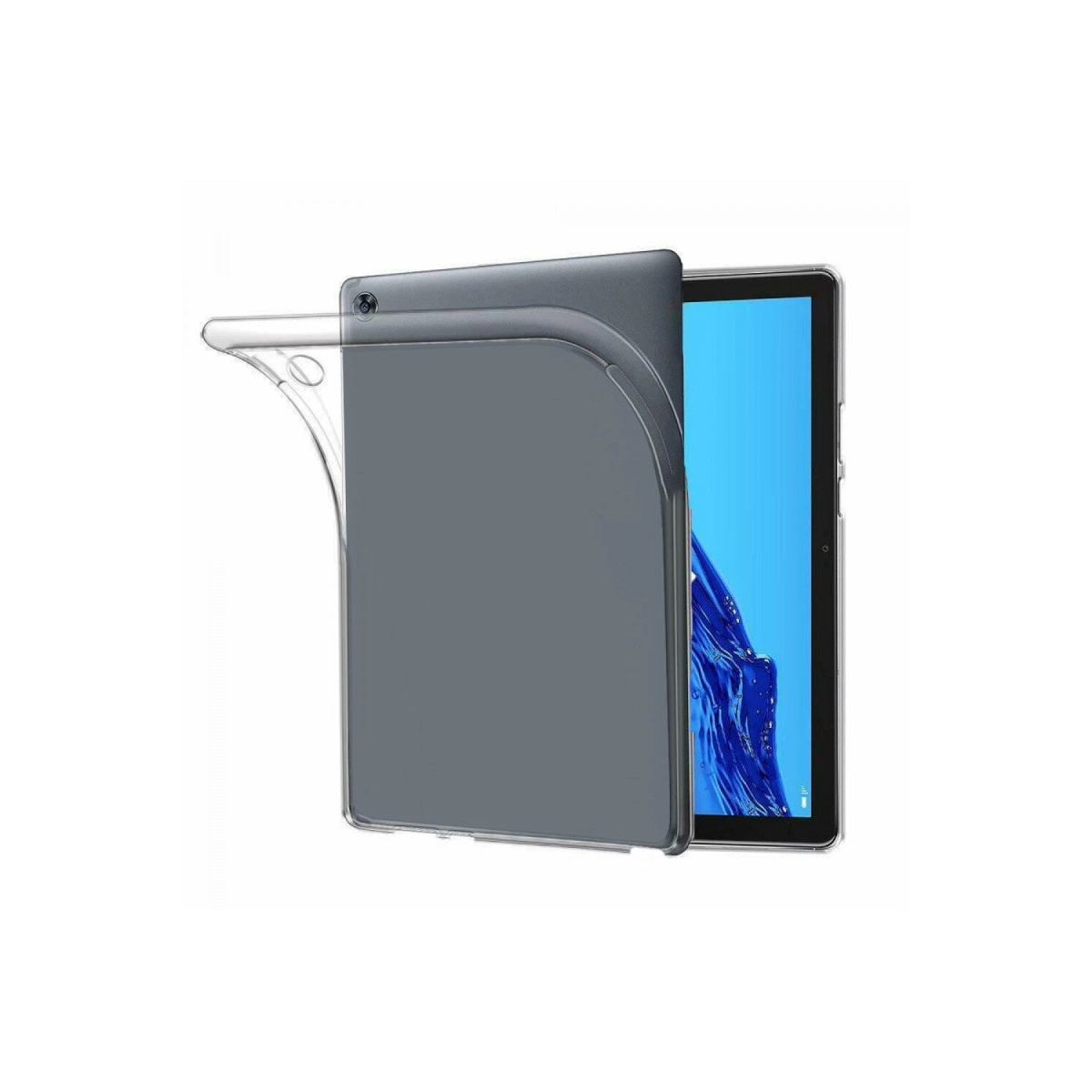 Şeffaf tablet kılıfı, mavi ekranlı bir tableti kısmen kaplamaktadır.