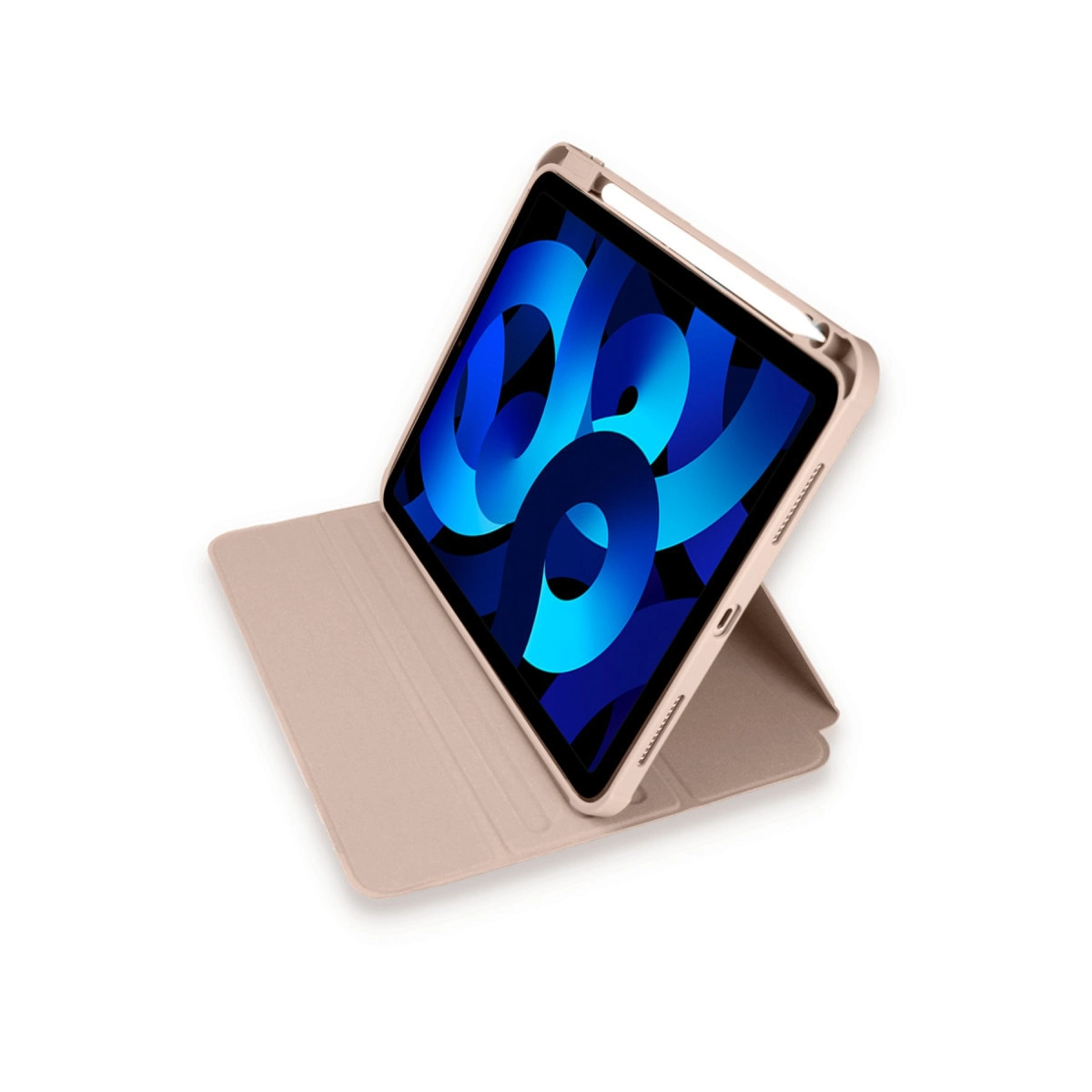 Mavi duvar kağıtlı, gül altın rengi iPad, bir stant üzerinde duruyor.
