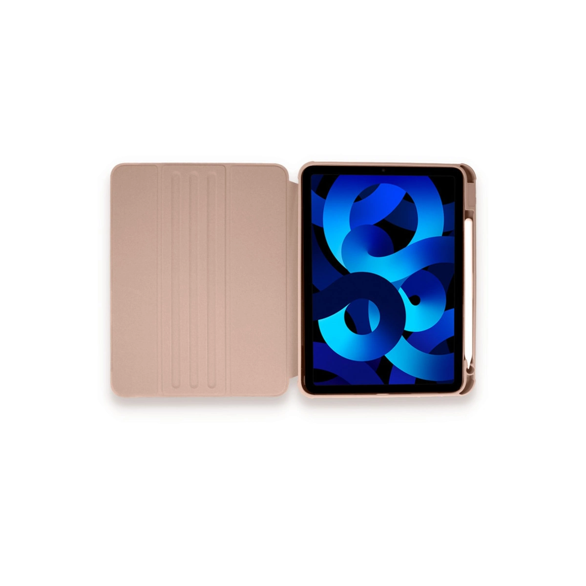 Rose gold iPad Air, açık kılıfıyla mavi soyut duvar kağıdı gösteriyor.