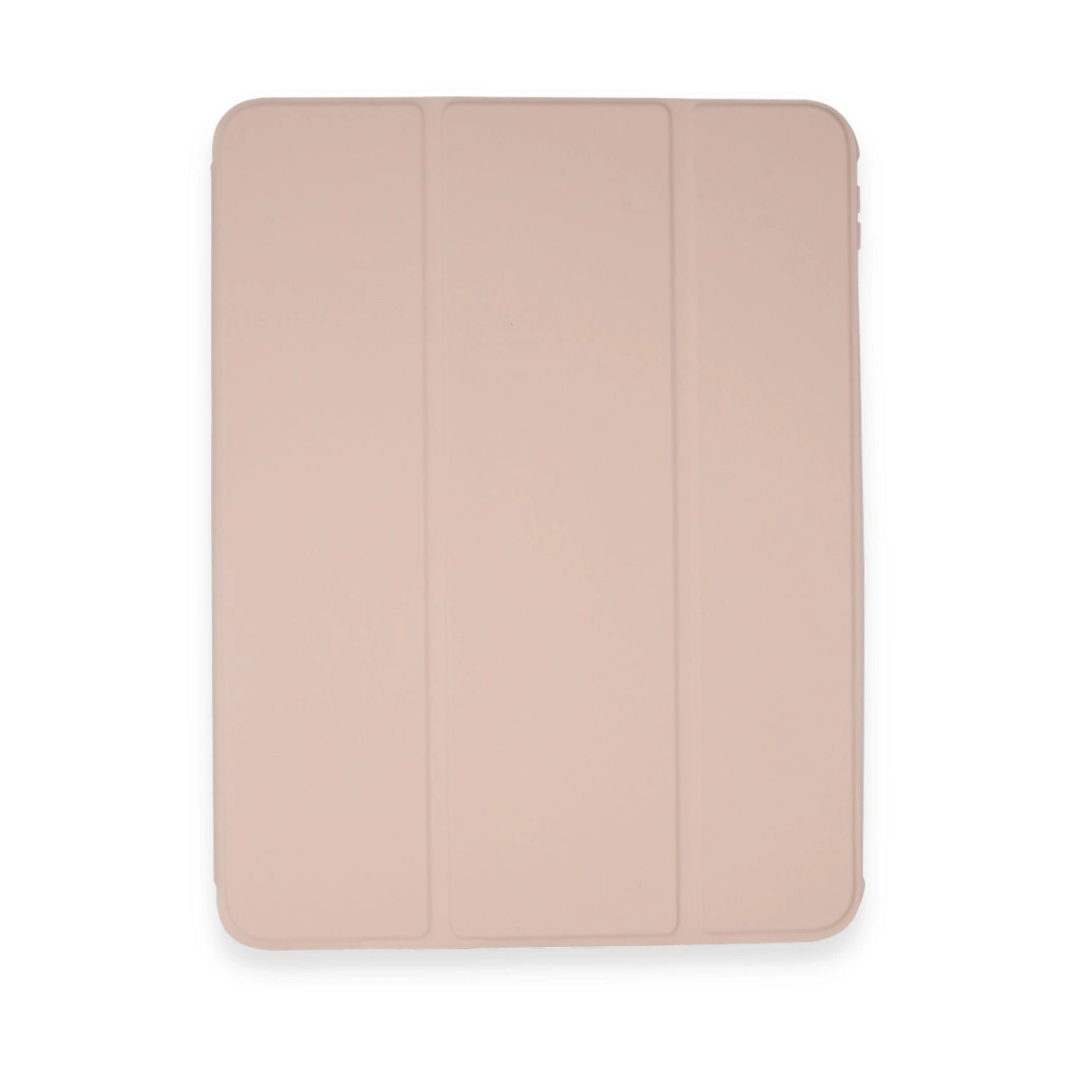 Ön tarafında üç dikey katlanma yeri olan açık pembe tablet kılıfı.