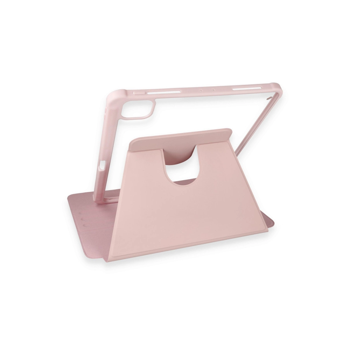 Üzerine tablet kılıfı yerleştirilmiş pembe tablet standı.