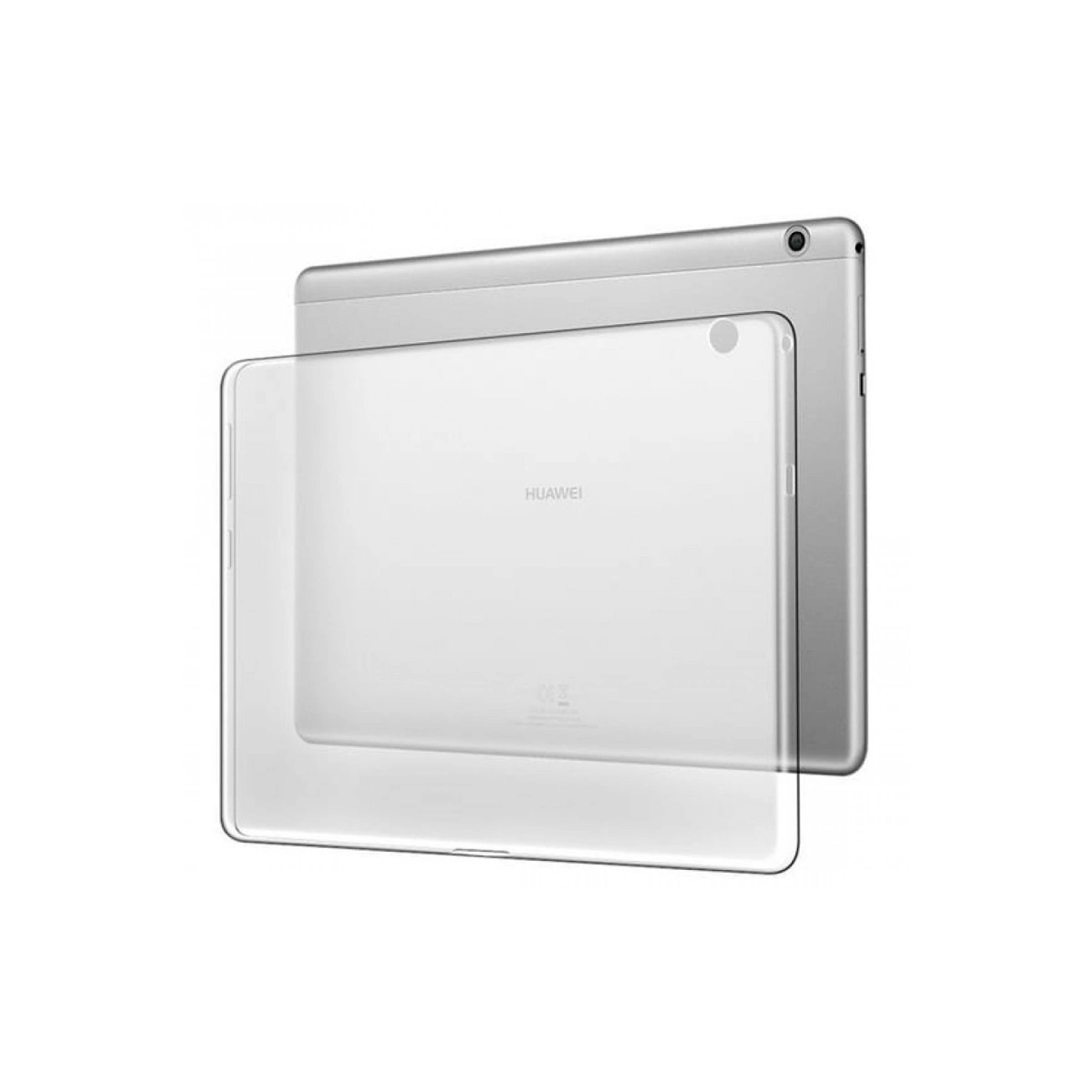 Gümüş renkli Huawei tabletin üzerinde şeffaf tablet kılıfı duruyor.