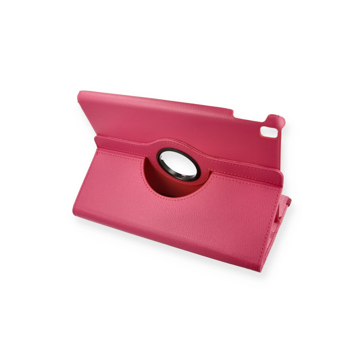 Dairesel kesimli ve kapaklı pembe tablet standı.