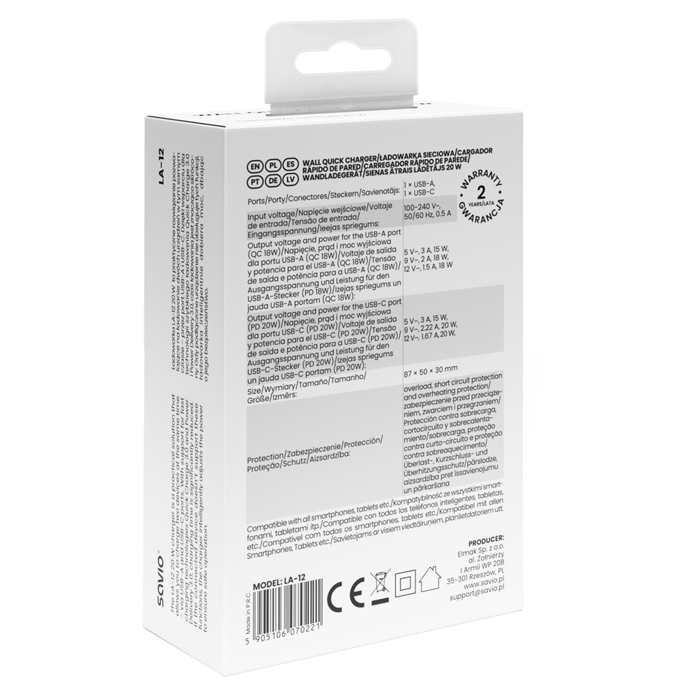 Biała ładowarka ścienna LA-12 z portami USB-A i USB-C, specyfikacje.