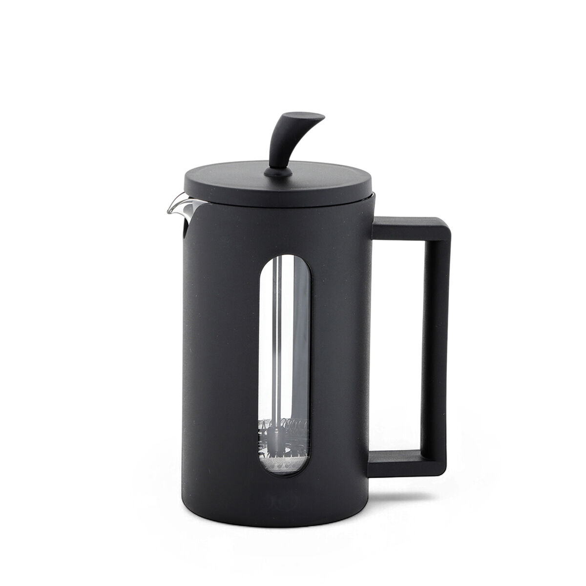 Cafetera de prensa francesa negra con ventana de cristal y asa negra.