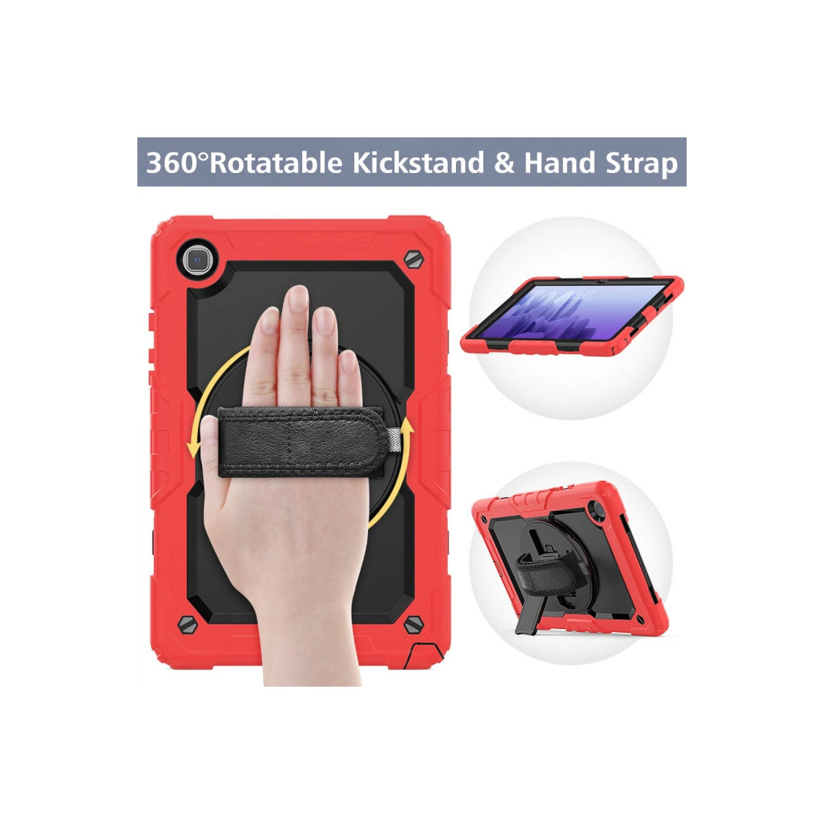 360° dönebilen stantlı ve el kayışlı kırmızı tablet kılıfı. Tablet görünür.