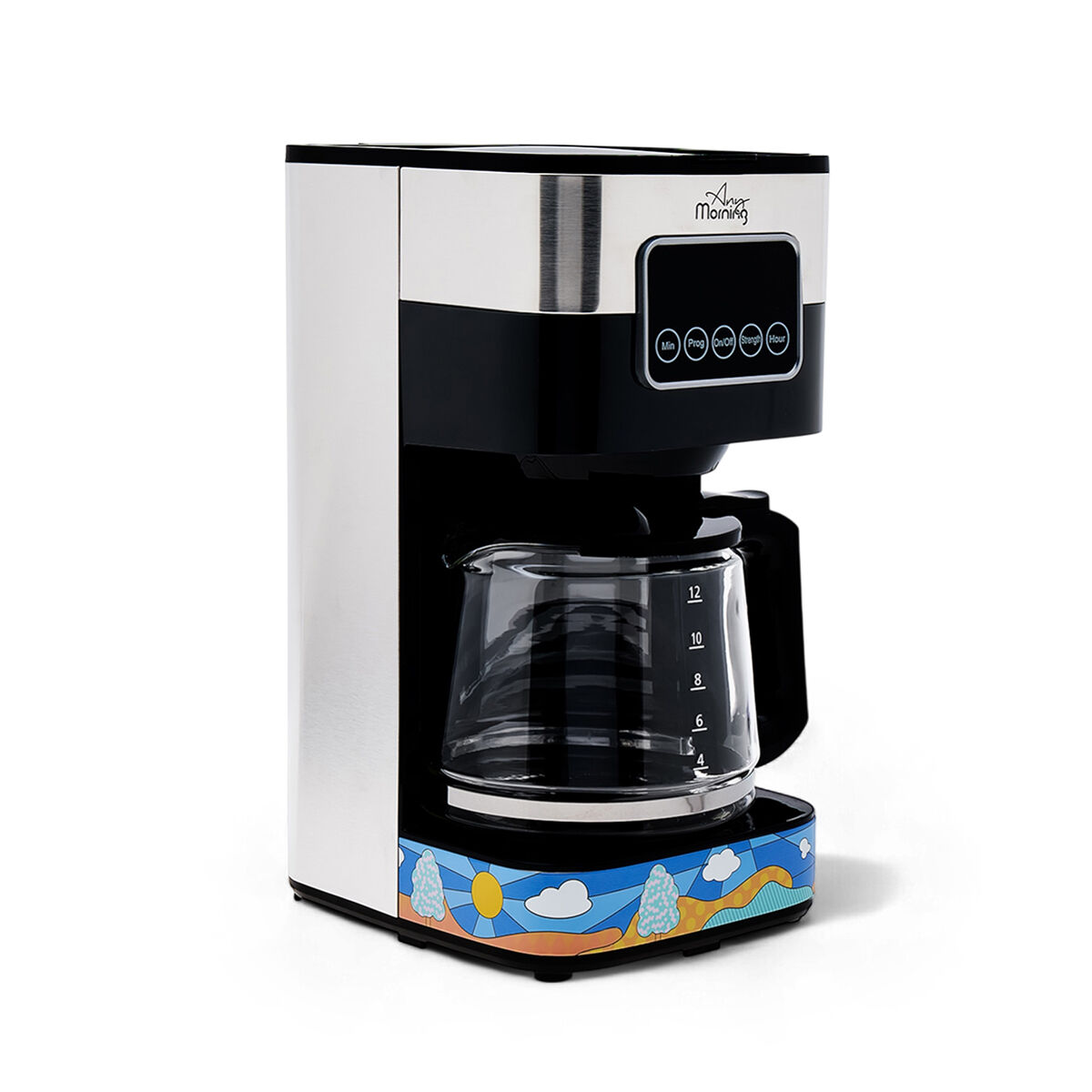 Una cafetera plateada con panel de control negro y base colorida.