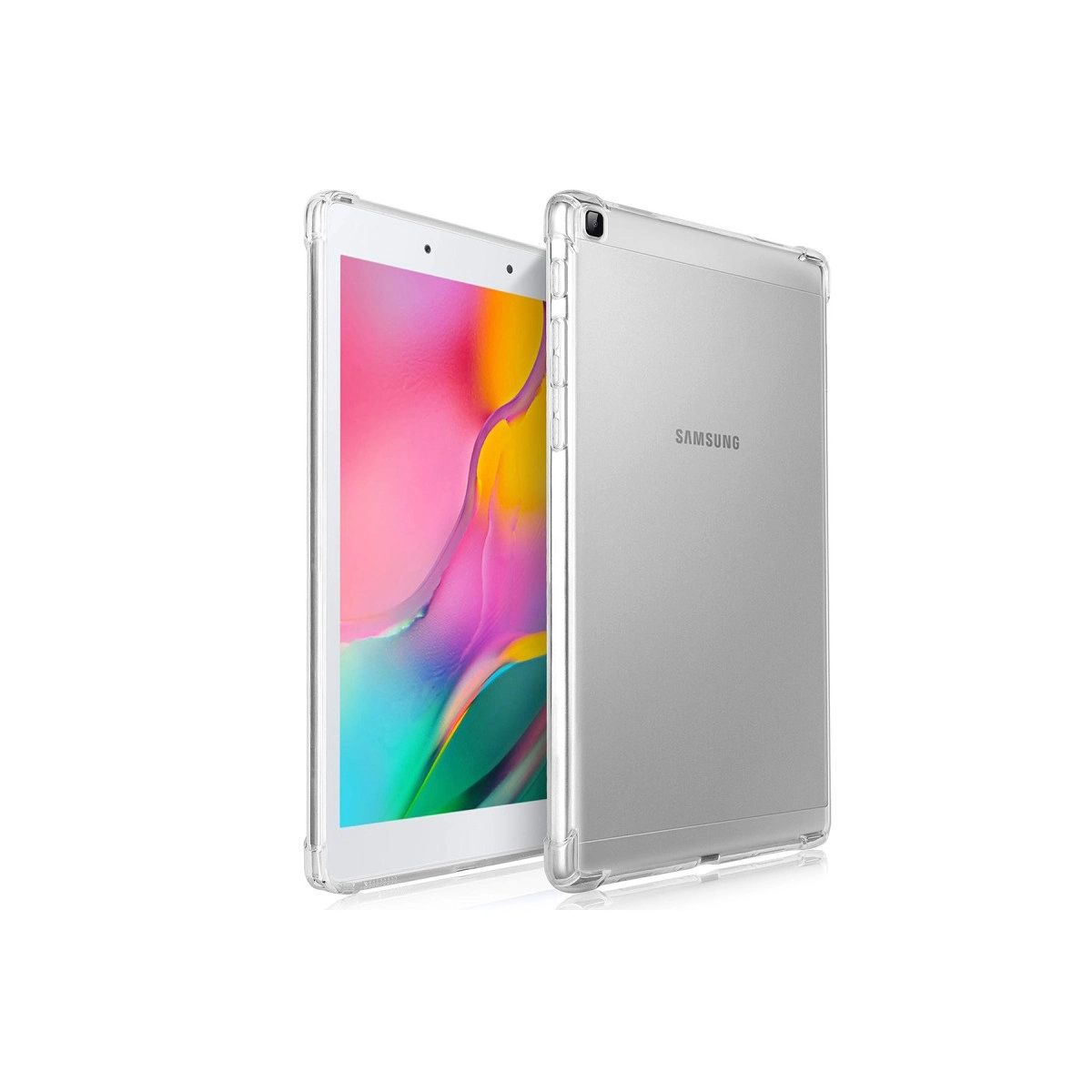 İki şeffaf kılıf gümüş Samsung tabletleri koruyor. Biri ekranı, diğeri arkasını gösteriyor.