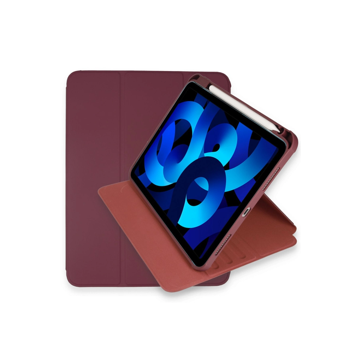 Kılıfında kalem bulunan bordo tablet, beyaz arka plan üzerinde.
