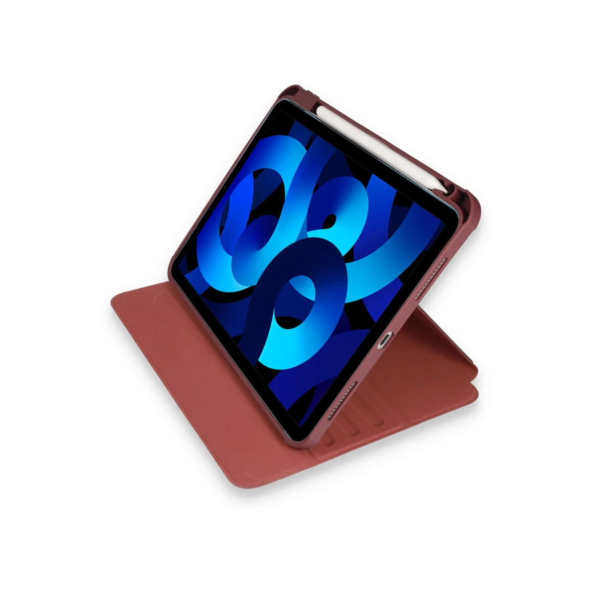 Kılıflı kırmızı tablet ve kalem, beyaz arka planda.