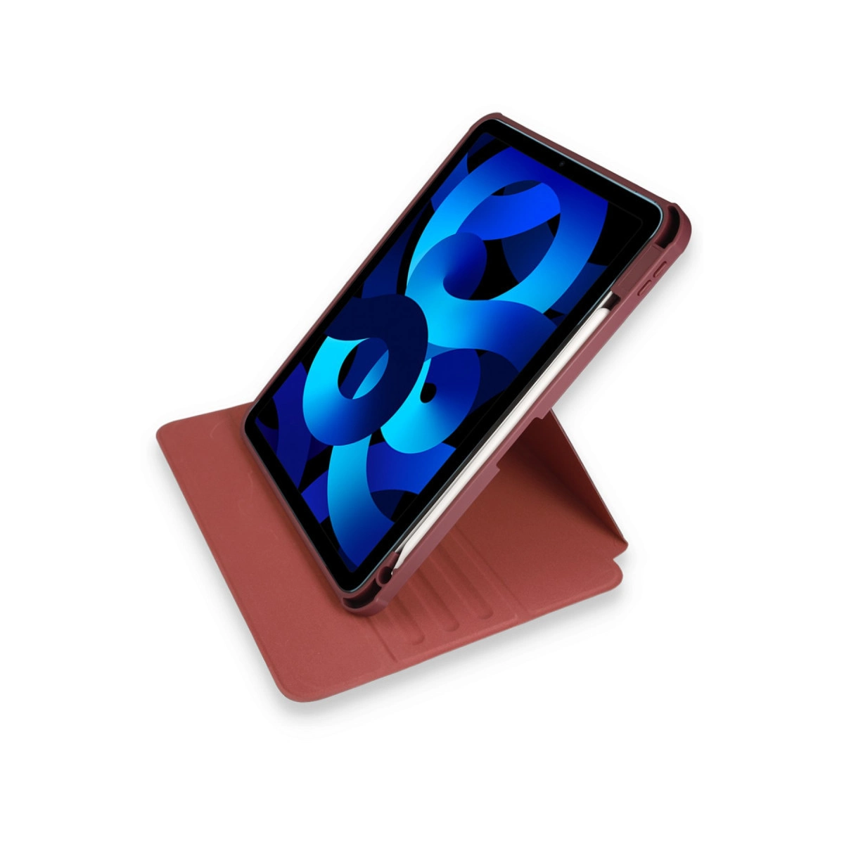 Mavi duvar kağıtlı kırmızı stantta bir tablet.