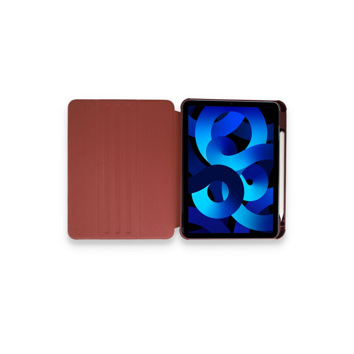 Kırmızı kılıflı açık tablet ve mavi ekran arka planı.
