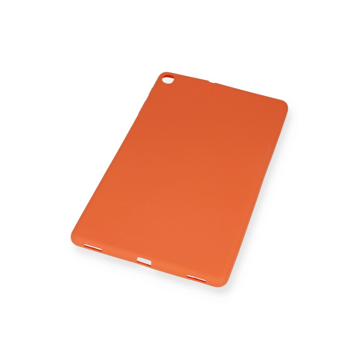 Beyaz arka plan üzerinde kesikleri olan parlak turuncu tablet kılıfı.