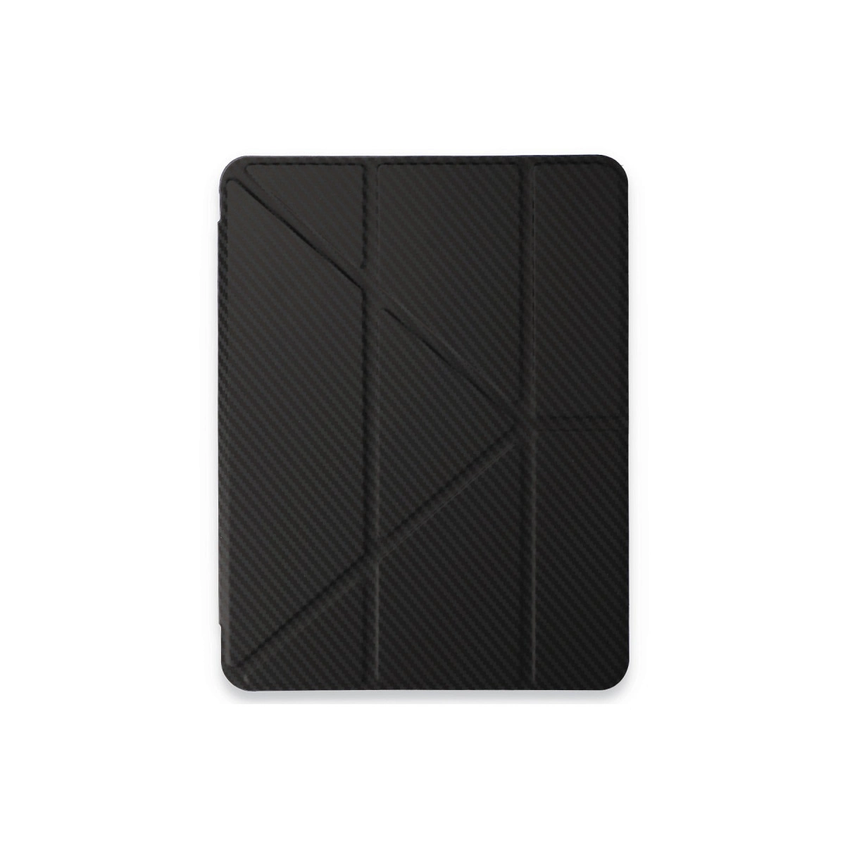 Karbon fiber dokulu, katlanmış desenli siyah tablet kılıfı, beyaz arka plan üzerinde.