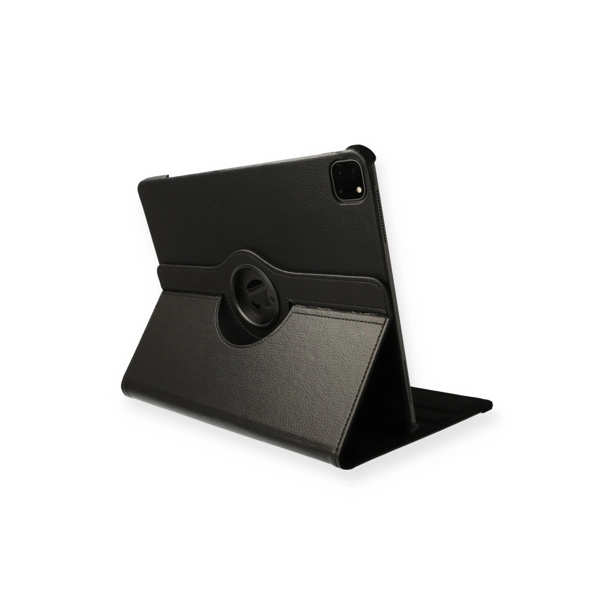 Dönebilen kılıfta siyah tablet, beyaz arka planda.