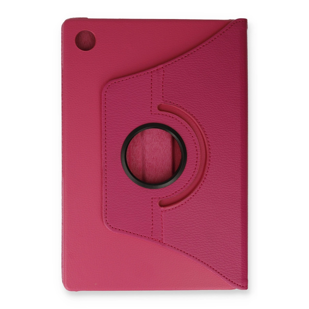 Dönebilen halkalı ve kamera kesimli pembe tablet kılıfı.