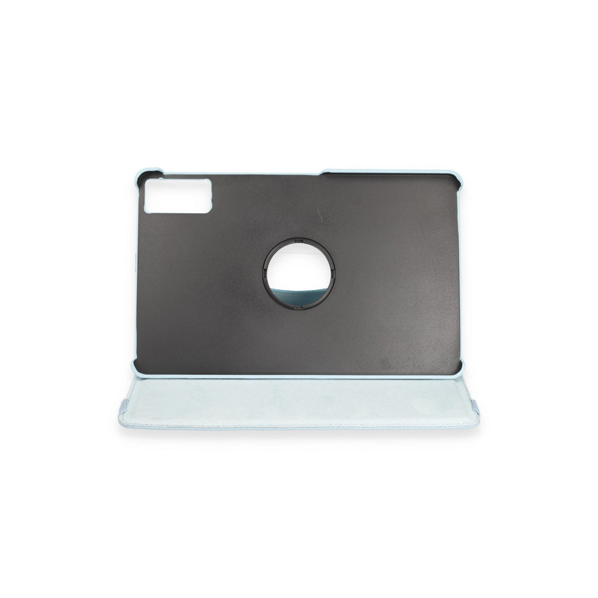 Açık mavi tablet kılıfı, açık, siyah ek ve dairesel kesik ile.