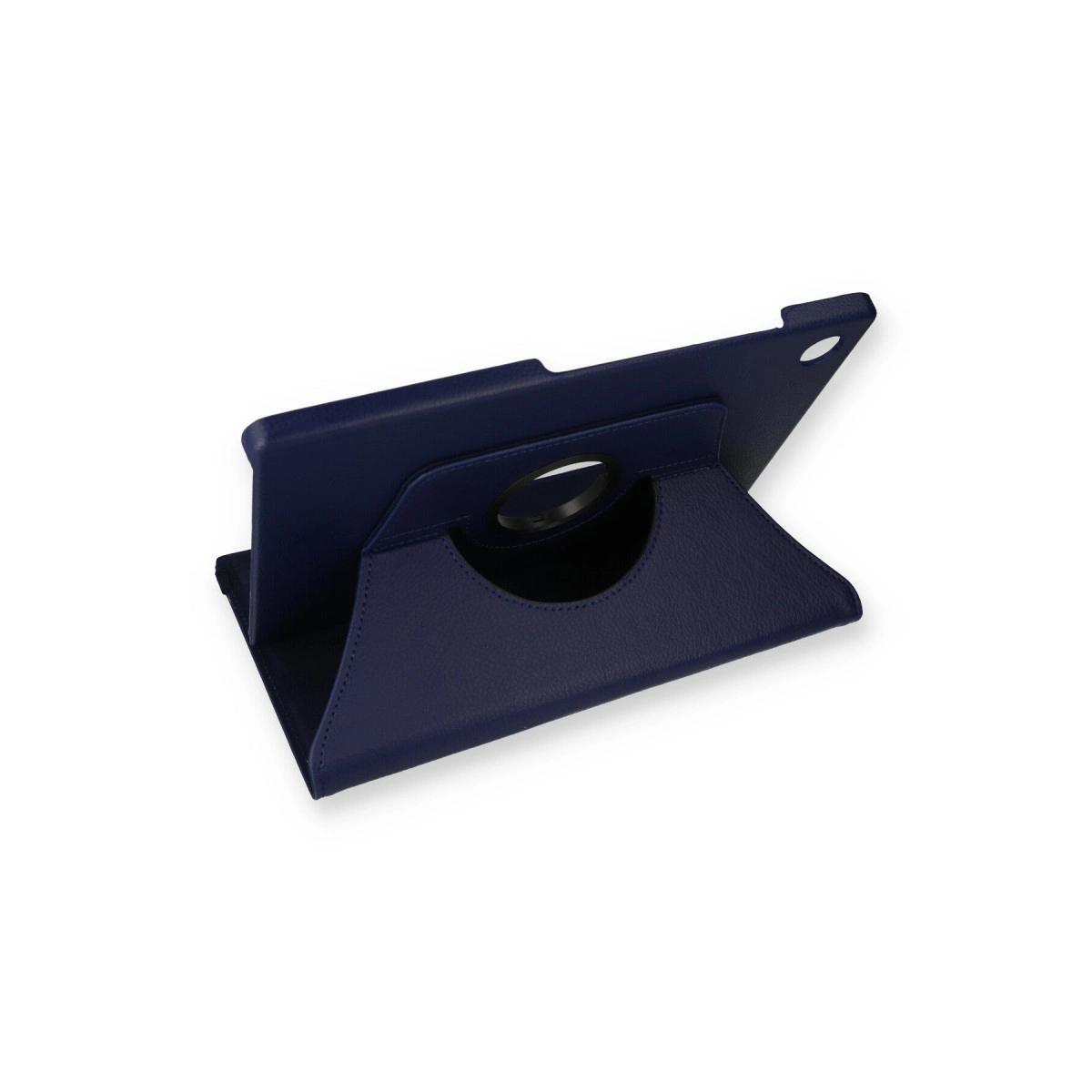 Beyaz arka plan üzerinde koyu mavi tablet kılıfı ve standı.