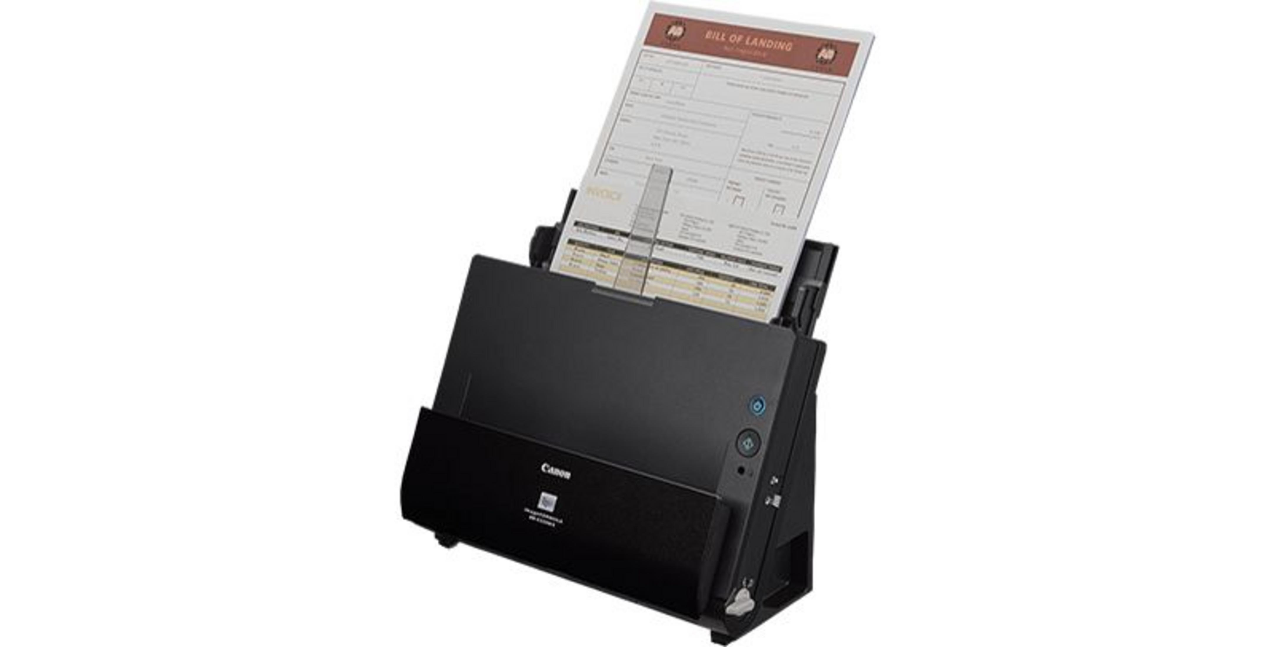 Ein schwarzer Canon Dokumentenscanner mit einem Dokument, das eingelegt ist.