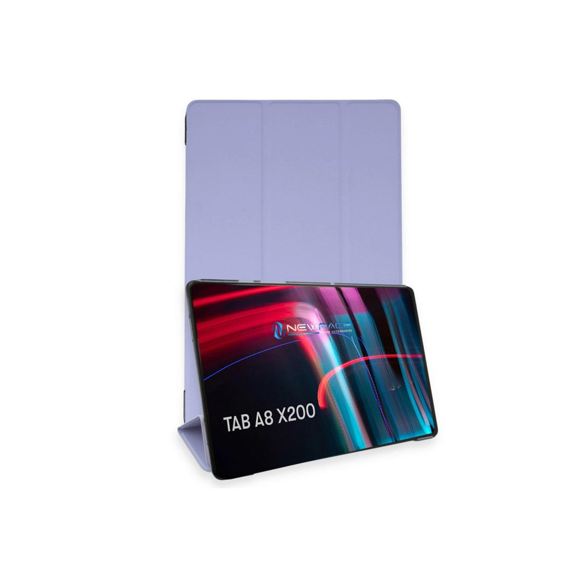 Stand görevi gören kılıflı açık mor tablet.