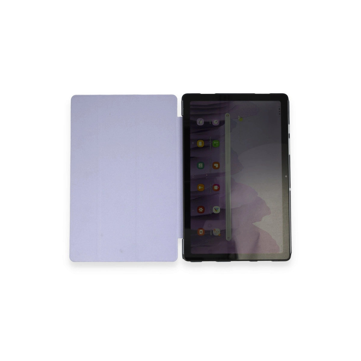Beyaz arka planda lavanta rengi kılıfı olan açık bir tablet.