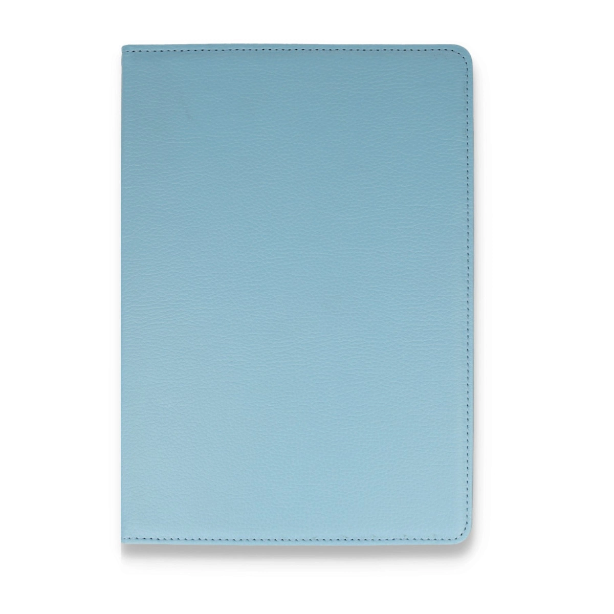 Beyaz arka planda açık mavi, deri görünümlü defter.