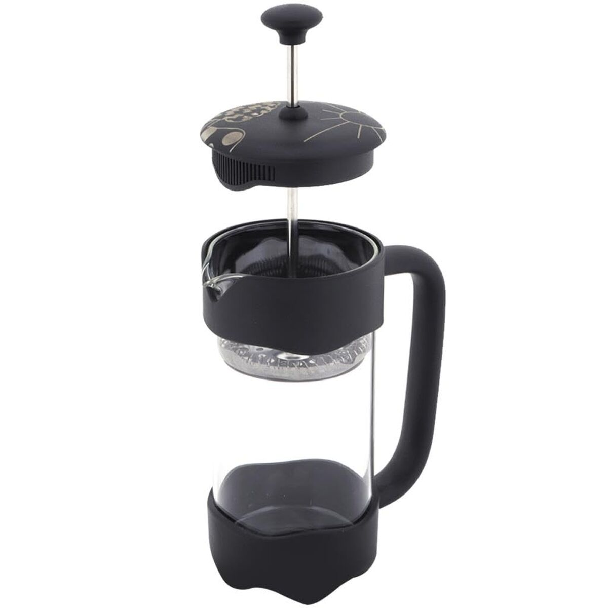 Una cafetera de prensa francesa negra con jarra de cristal y filtro.