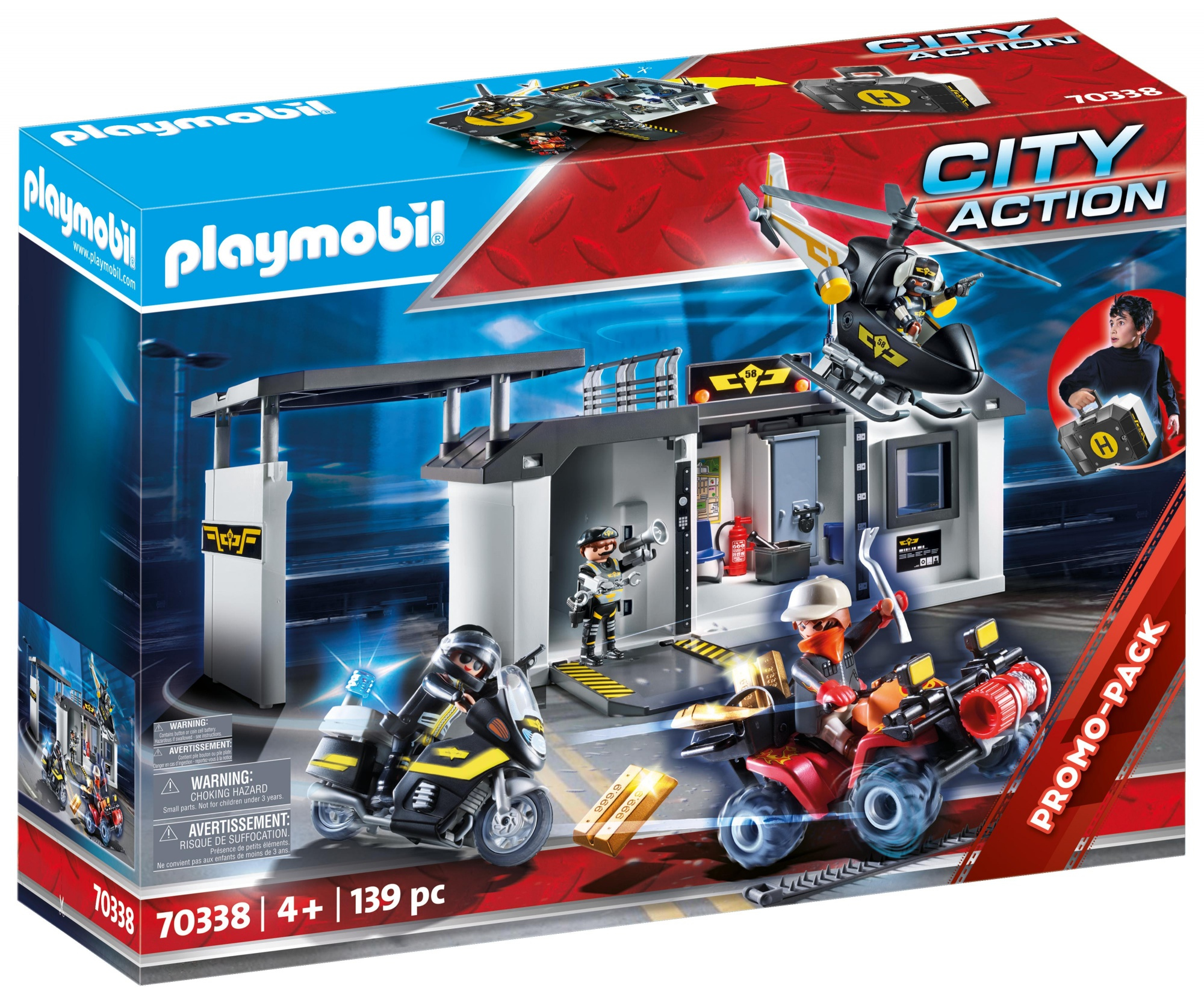 Set Playmobil City Action con polizia, elicottero, moto e quad.