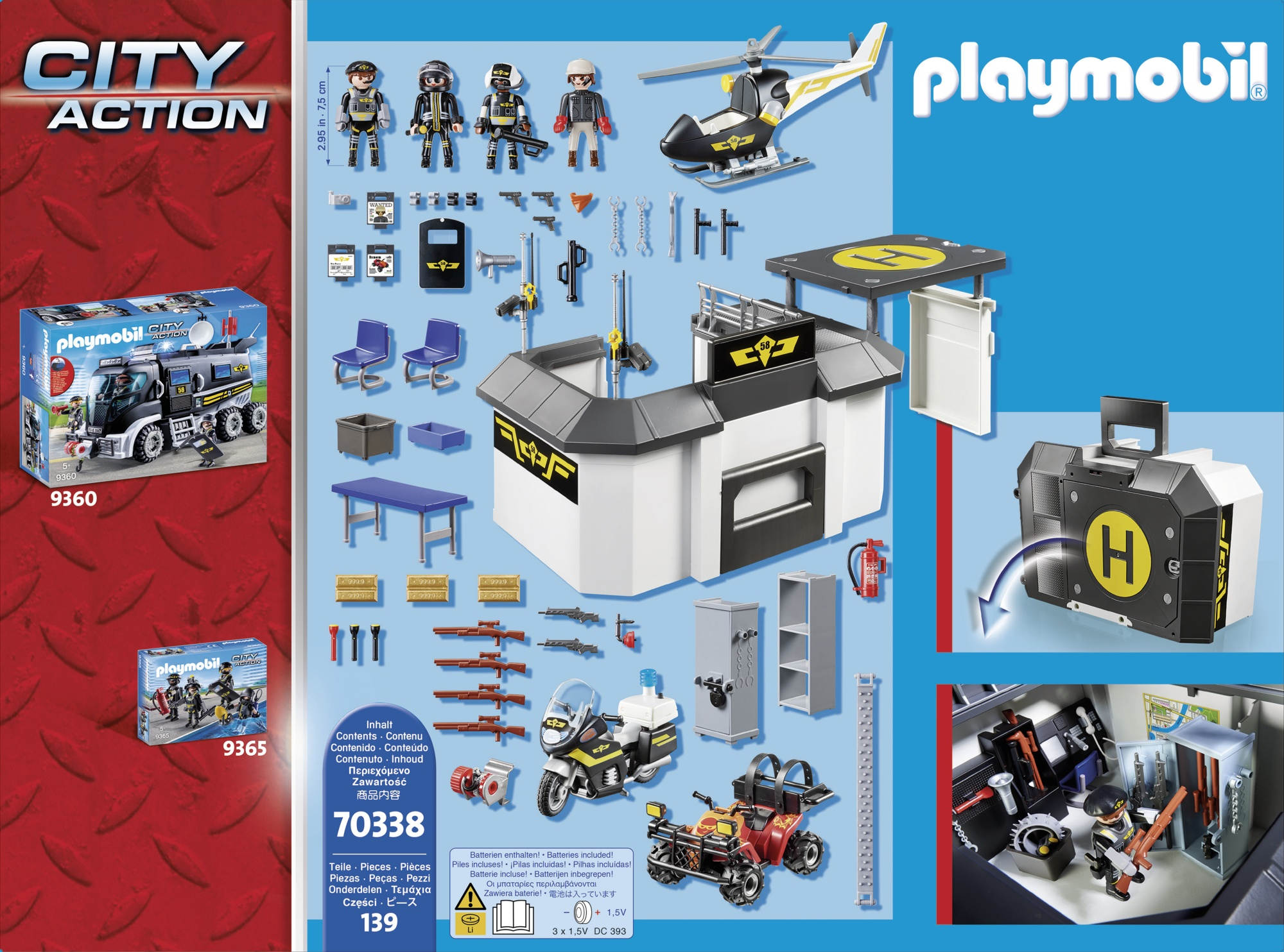 Set di polizia Playmobil con stazione, veicoli, elicottero e figure.
