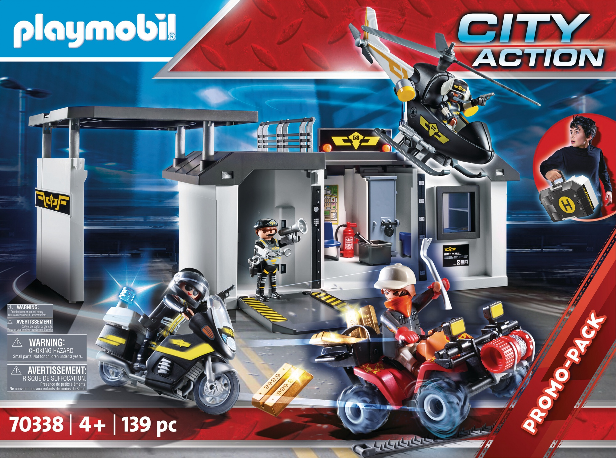 Set gioco Playmobil City Action con base di polizia, elicottero, moto e quad.