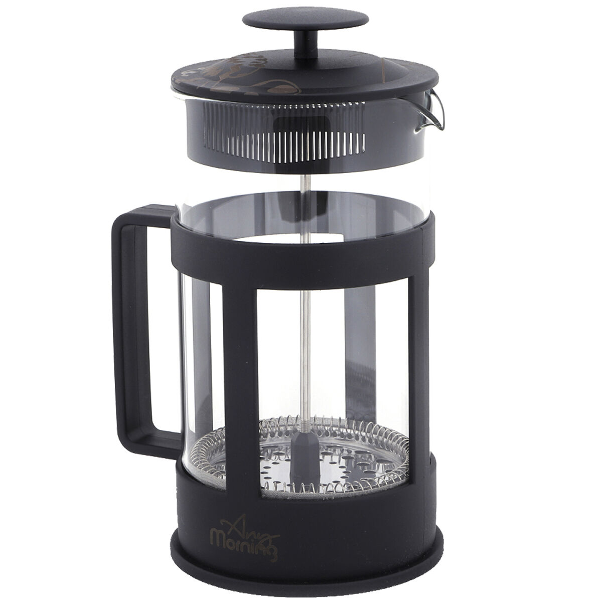 Una cafetera de prensa francesa negra con cilindro de vidrio.