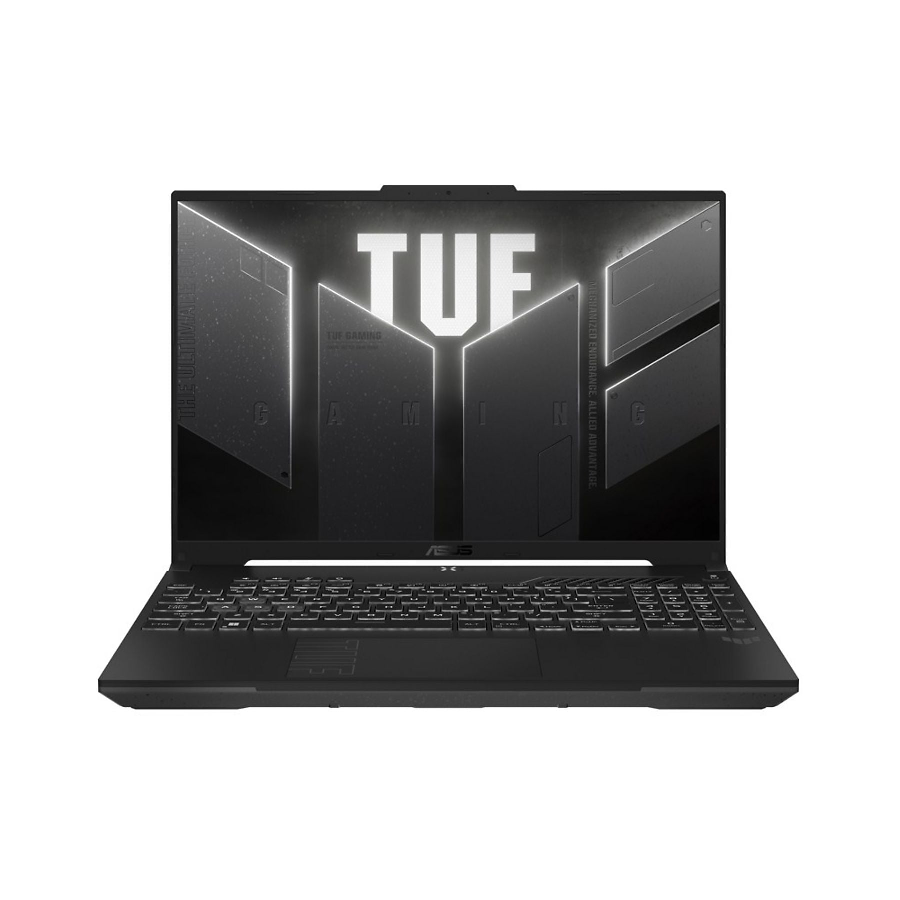 Ekranında "TUF" logosu ve aydınlatmalı klavyesi olan siyah dizüstü bilgisayar.