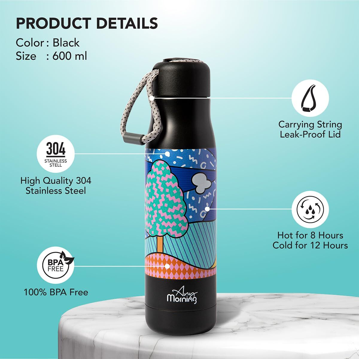Renkli ağaç tasarımlı siyah 600ml paslanmaz çelik matara, taşıma ipi kapaklı.