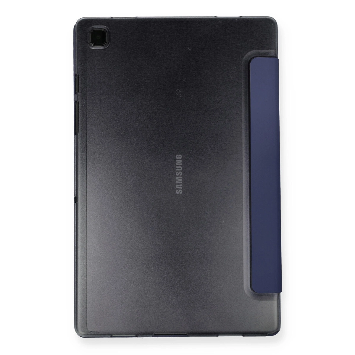 Sağ tarafında mavi kılıf bulunan koyu gri Samsung tablet.