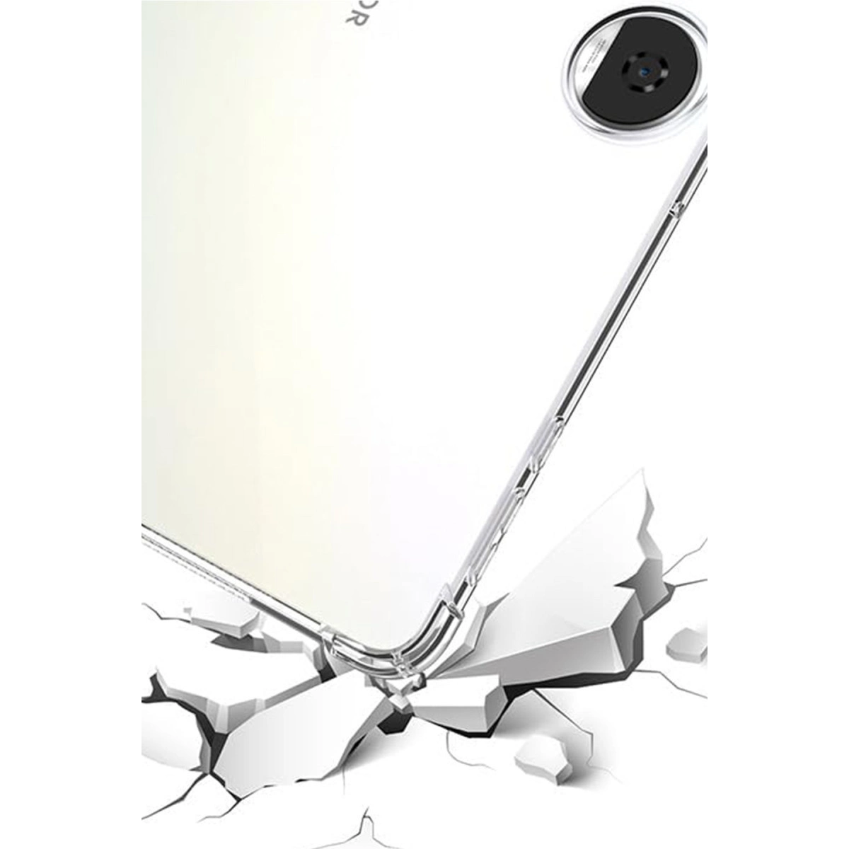 Şeffaf telefon kılıfı, çatlak zeminde duran bir telefonu korur.