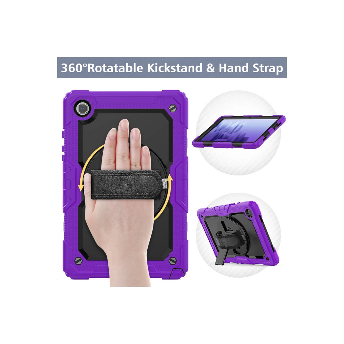 Dönebilen stantlı ve elde tutma kayışlı mor tablet kılıfı.