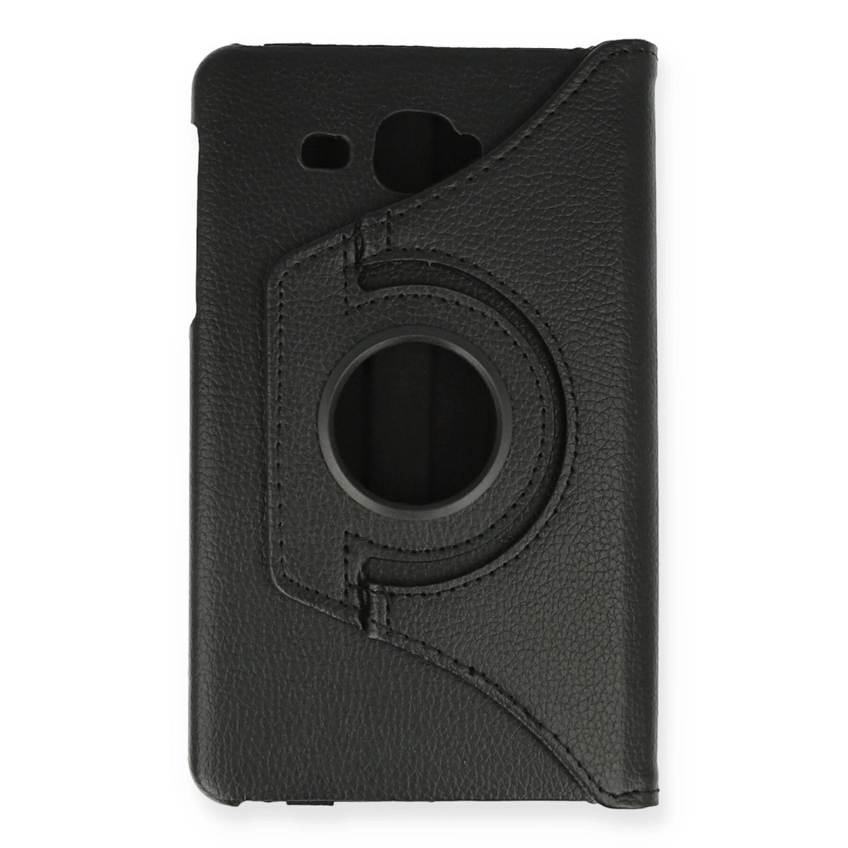 Ortasında dönebilen halkalı siyah deri tablet kılıfı.