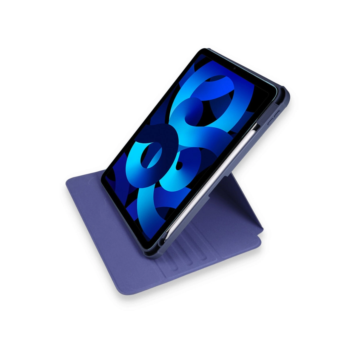 Dikey duran tableti ve kalemi tutan mavi tablet standı.