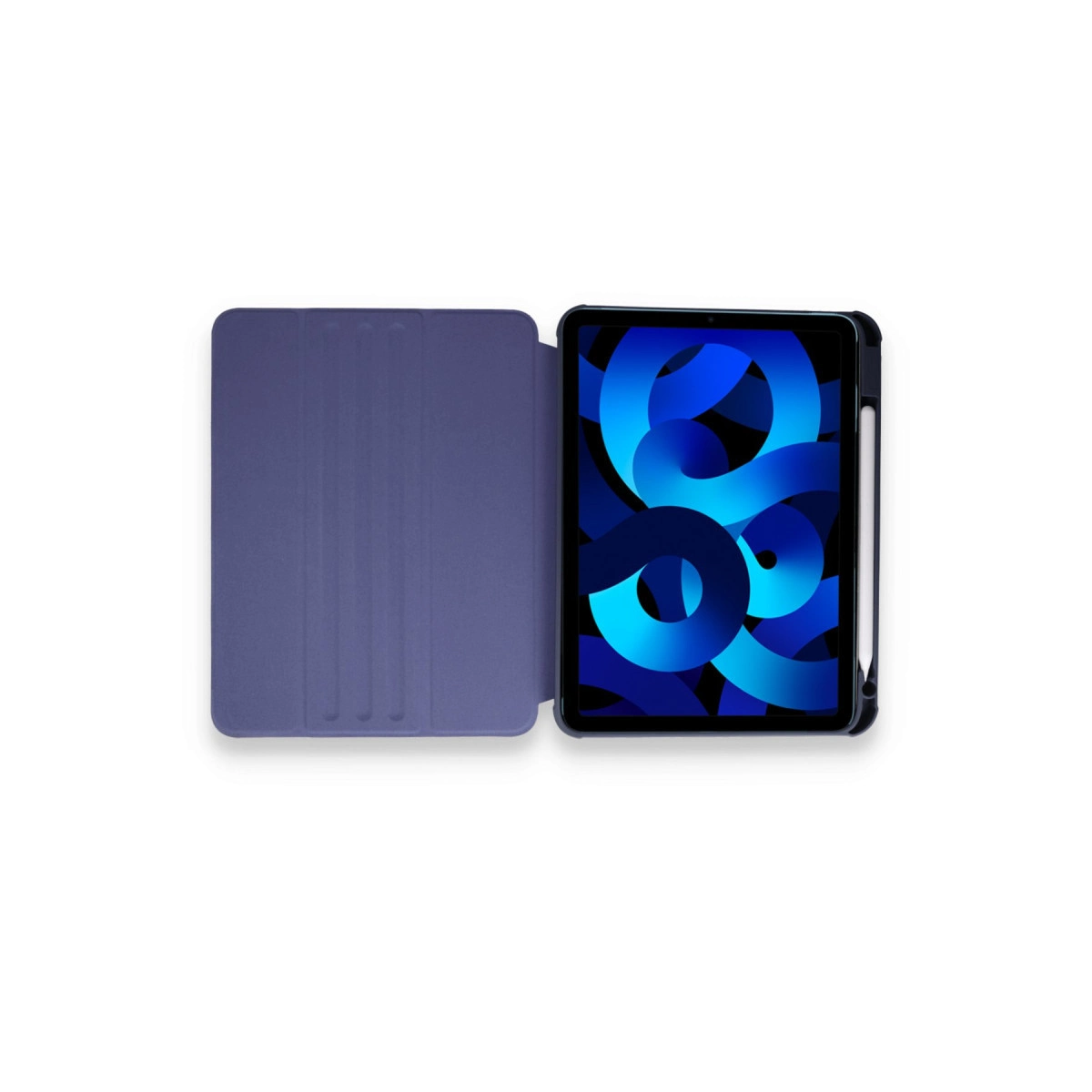 Mavi duvar kağıtlı mor tablet ve kalem.
