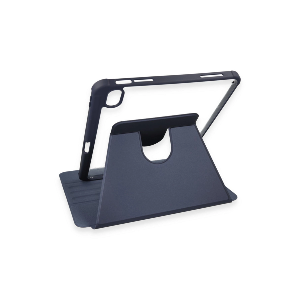 İçinde tablet olan koyu renkli tablet standı. Beyaz arka plan.