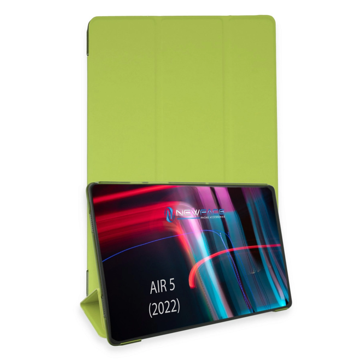Açık koruyucu kılıflı ve duvar kağıtlı, canlı yeşil bir tablet.
