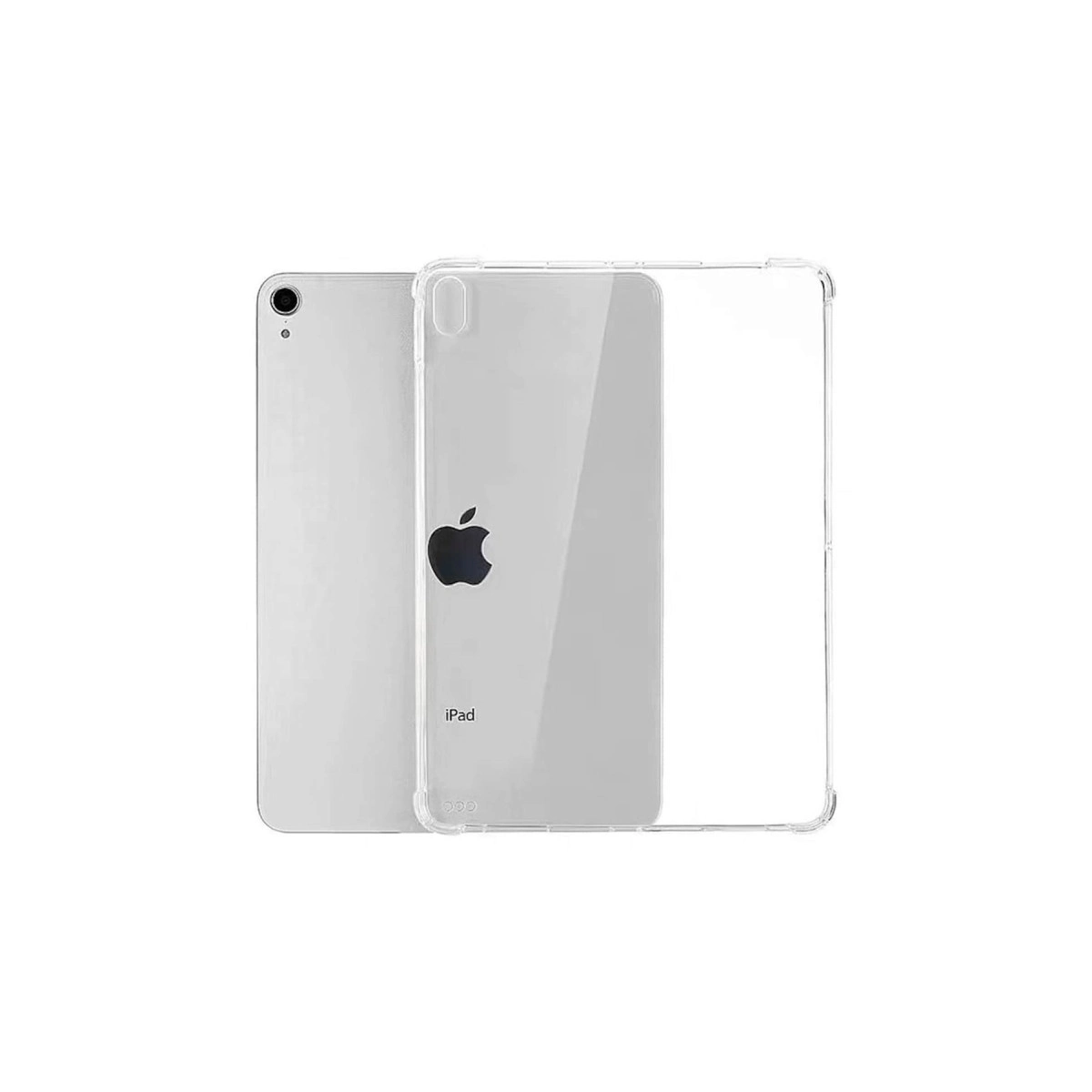 Gümüş rengi iPad ve şeffaf koruyucu kılıf, arkadan beyaz zeminde.