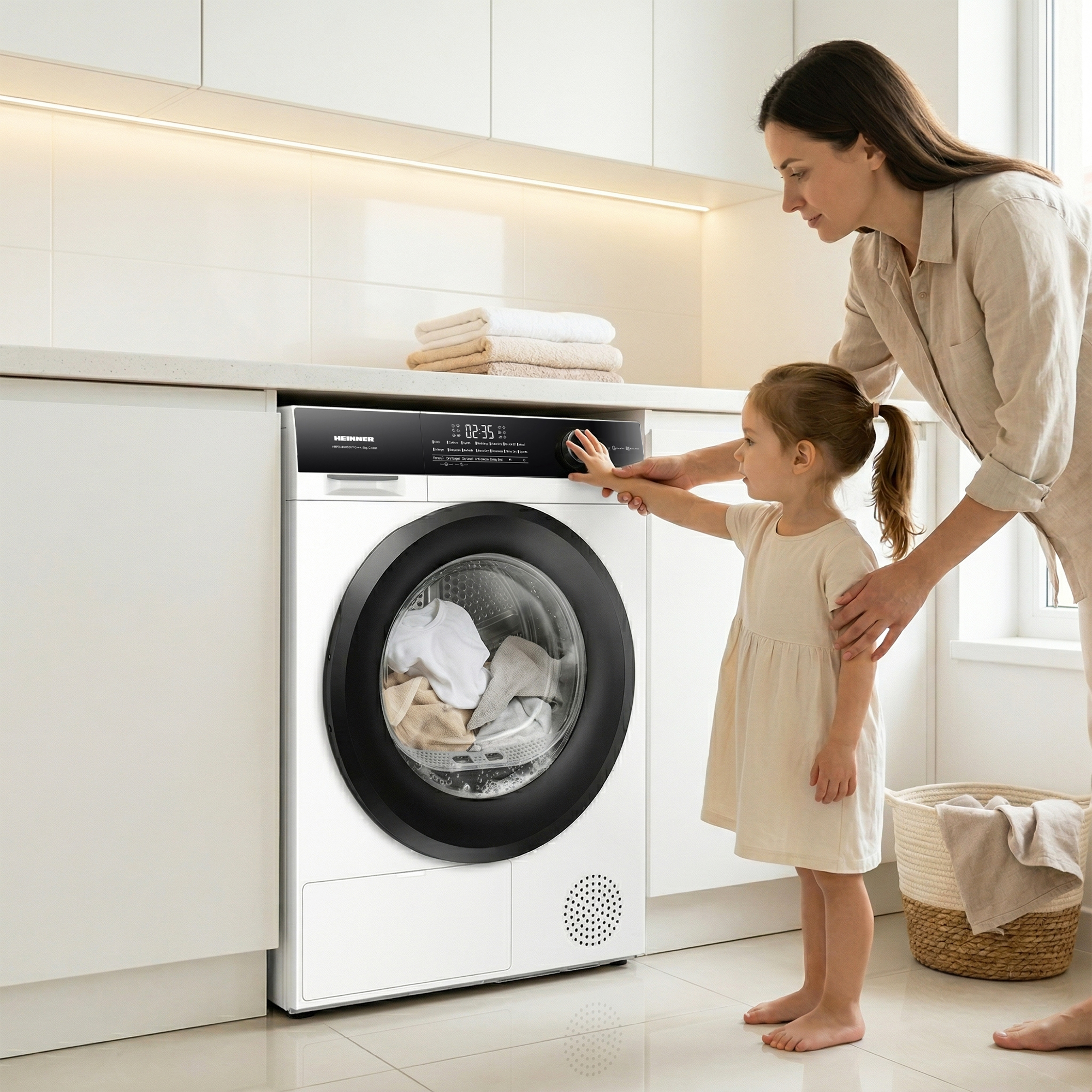 Mutter und Kind vor einer Waschmaschine in einem modernen Badezimmer.