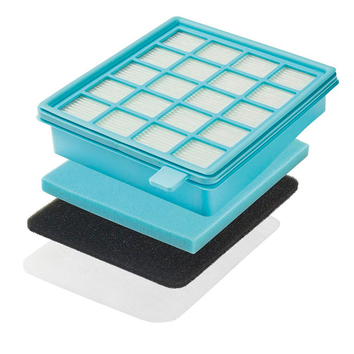 Un filtro dell'aria a strati con telaio in plastica blu e materiale filtrante bianco.