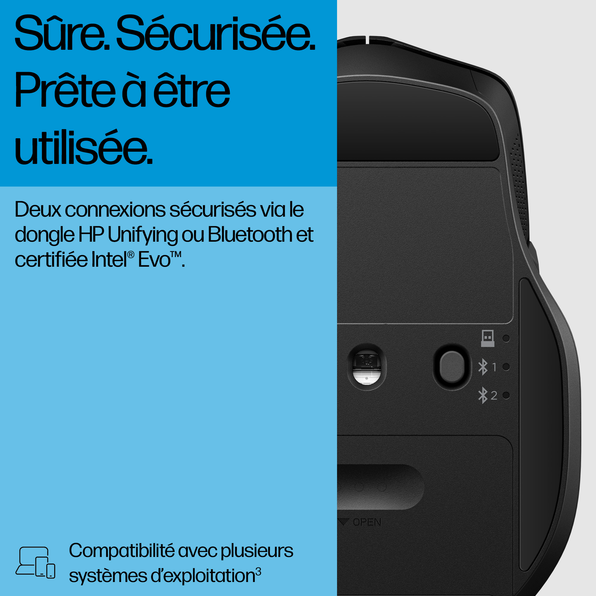 Czarna mysz z tekstem na niebieskim tle opisującym bezpieczne połączenia.