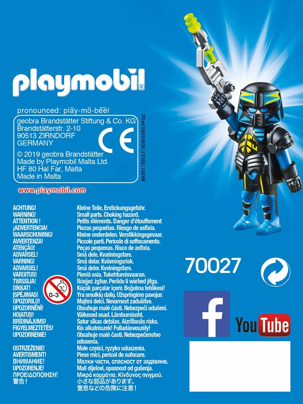 Mavi arka plan üzerinde silahlı Playmobil figürü, uyarı yazılarıyla.