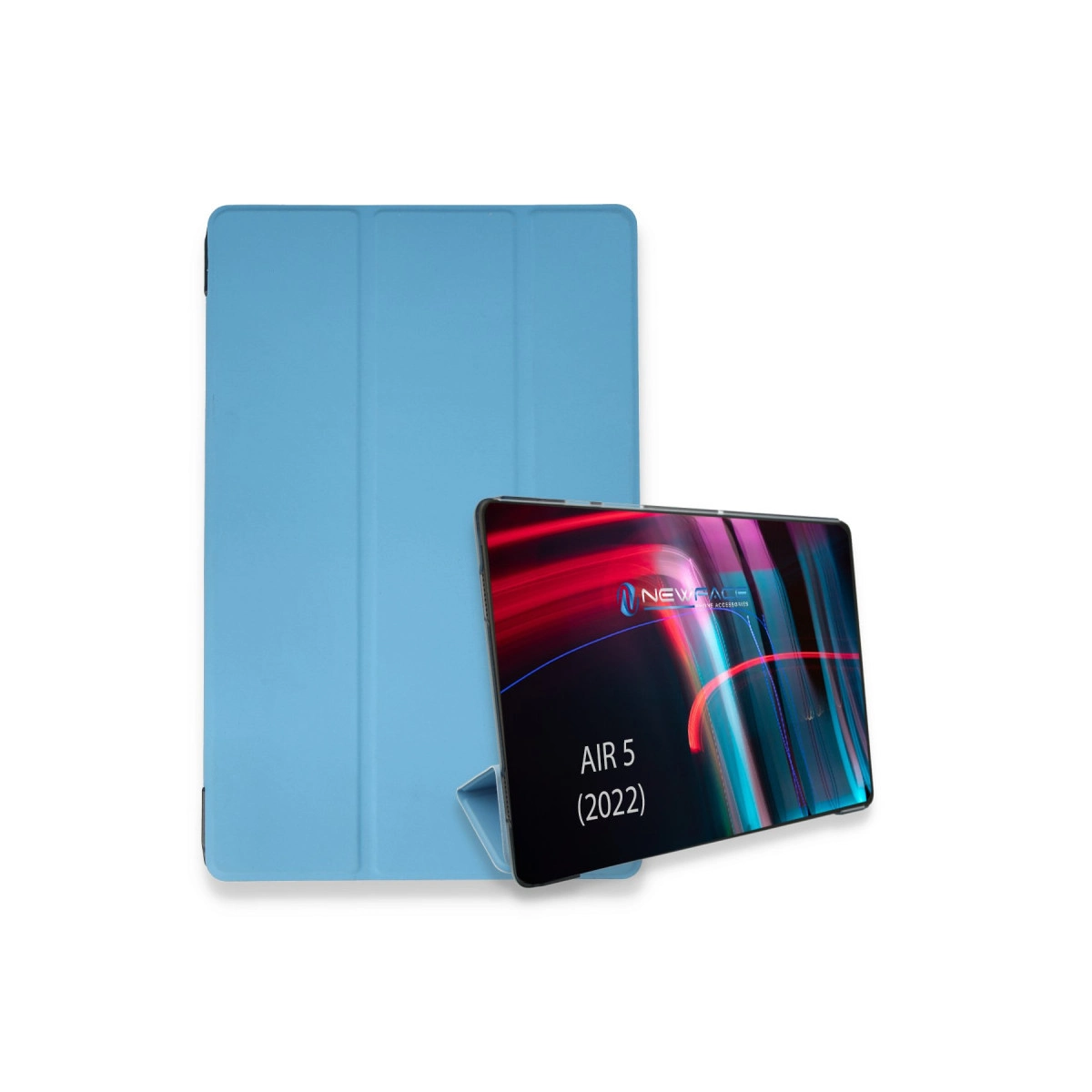 Ekranında AIR 5 (2022) yazan, kapağı açık açık mavi bir tablet.