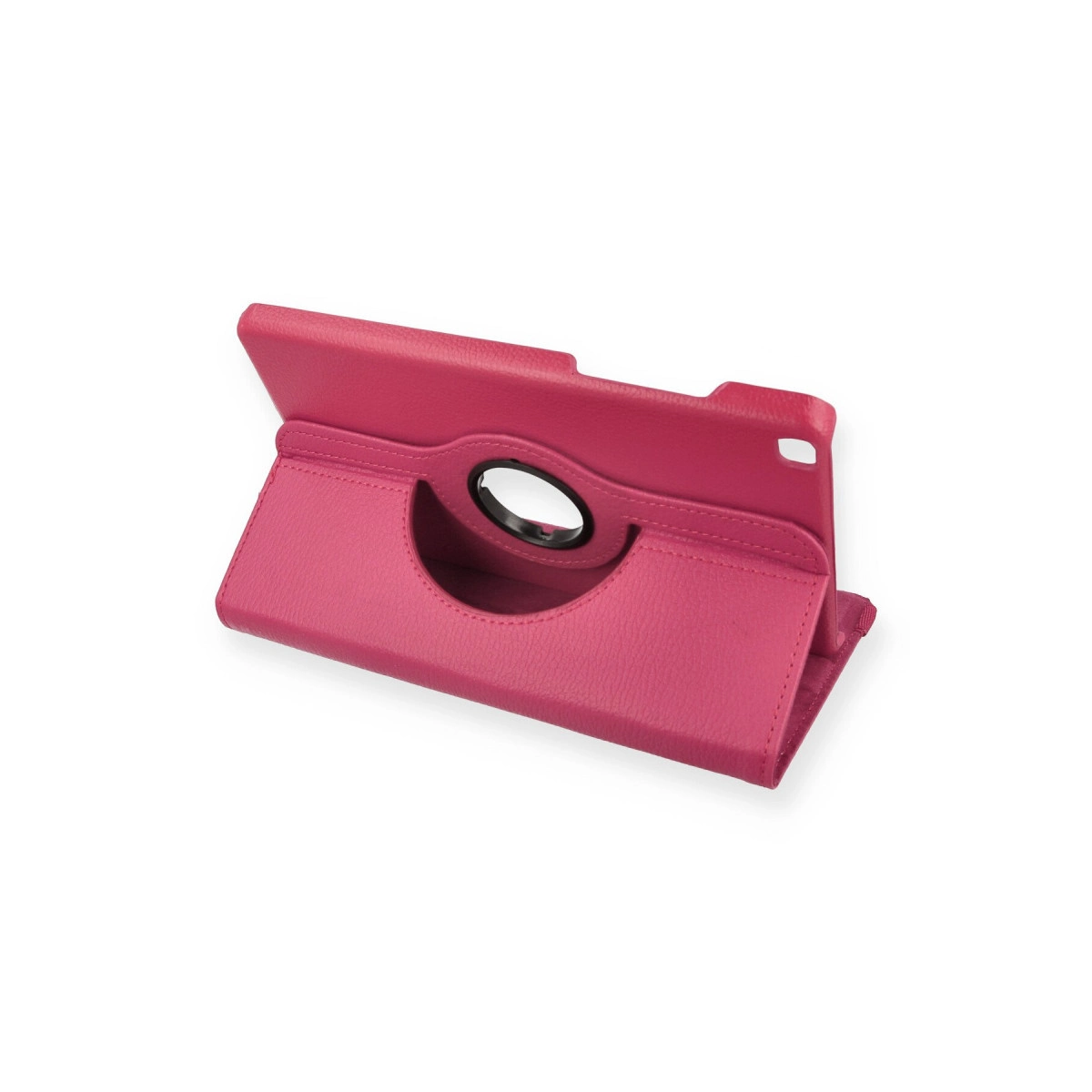 Saplı ve stantlı pembe tablet kılıfı, beyaz arka plan üzerinde.